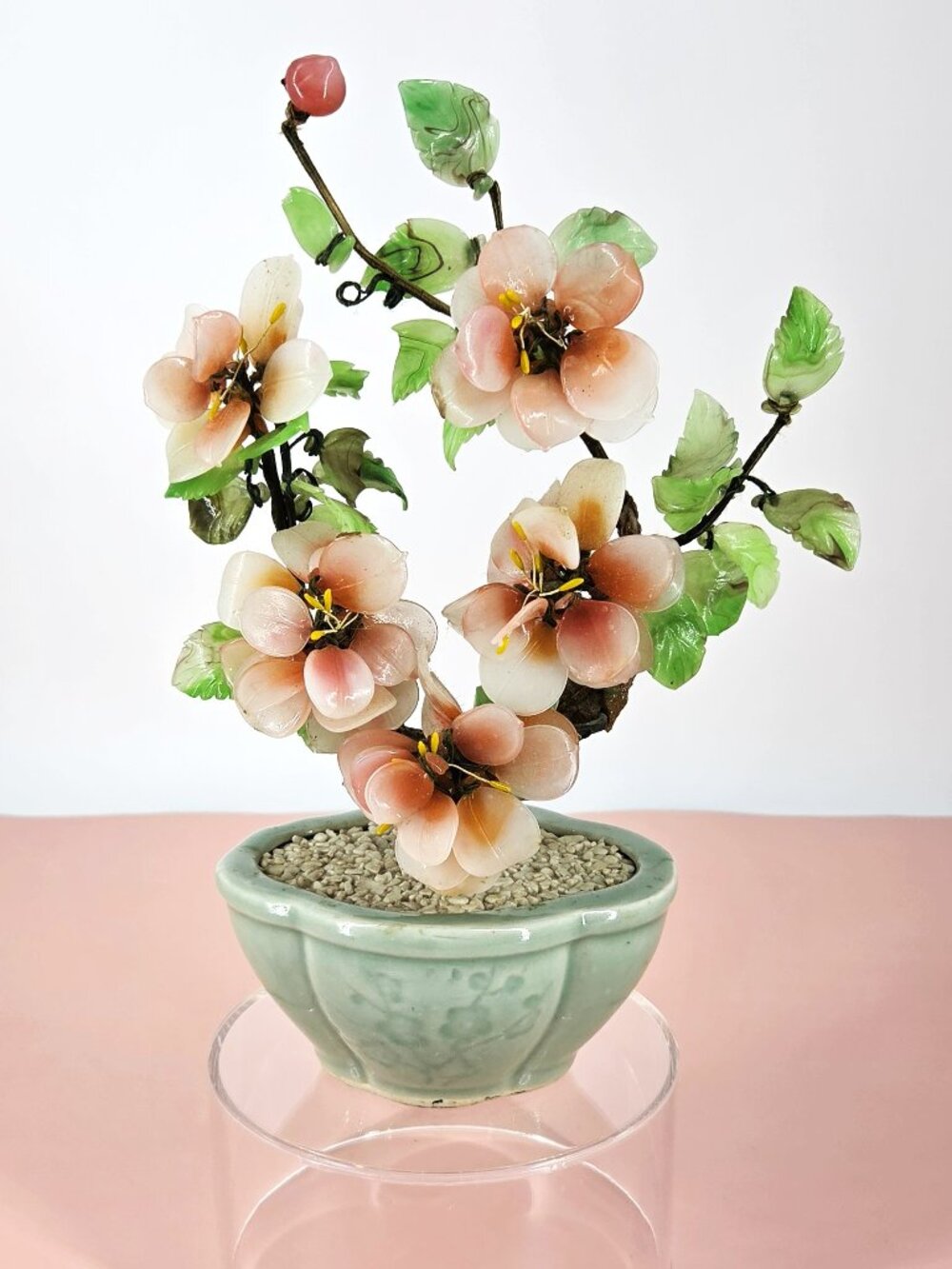 Asian VTG Bonsai Tree Pink Cherry Blossoms Jade Stone Leaves Celadon Ceramic Pot